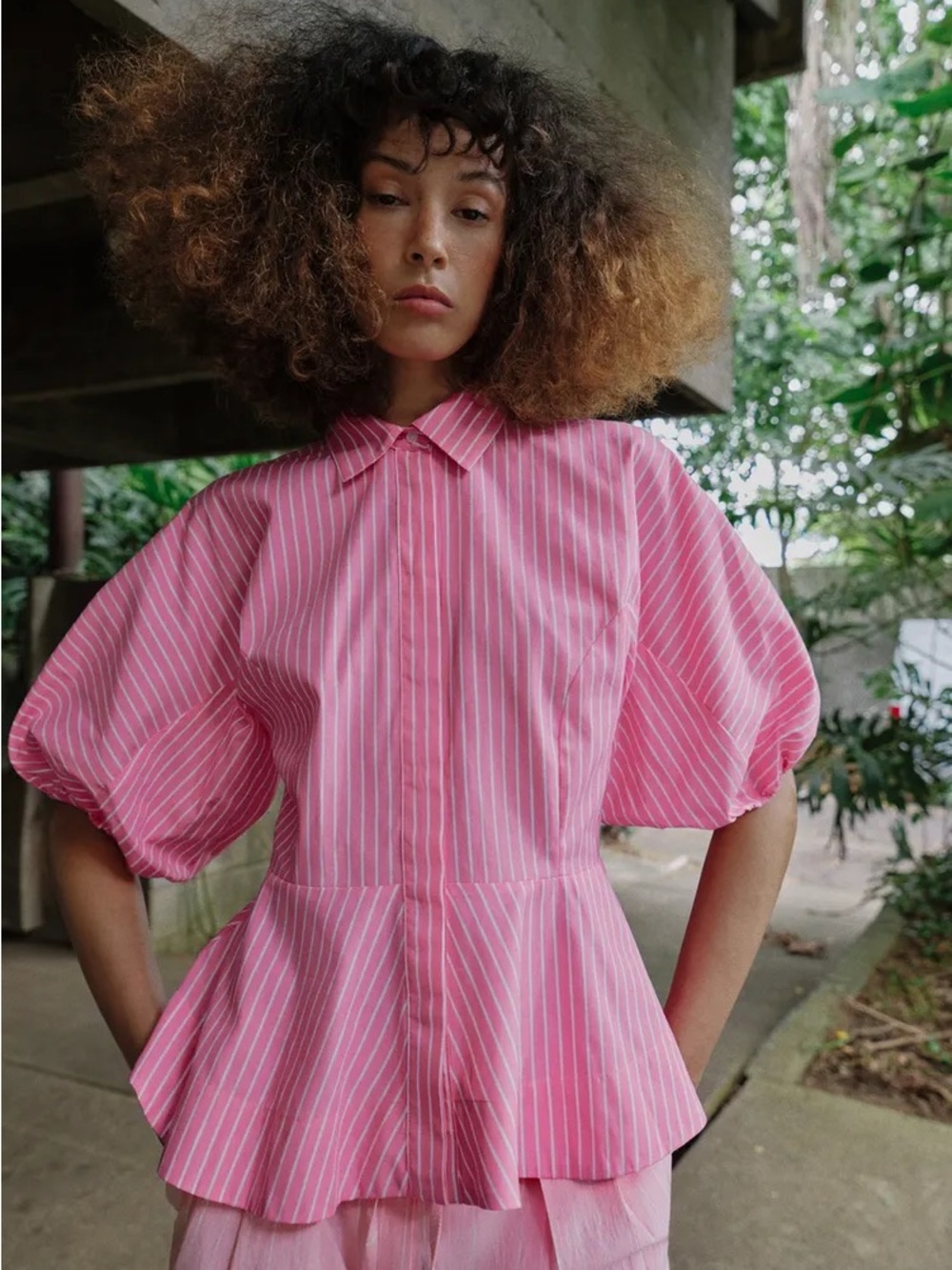 Zara Pink Striped Puff-Sleeve Peplum Blouse